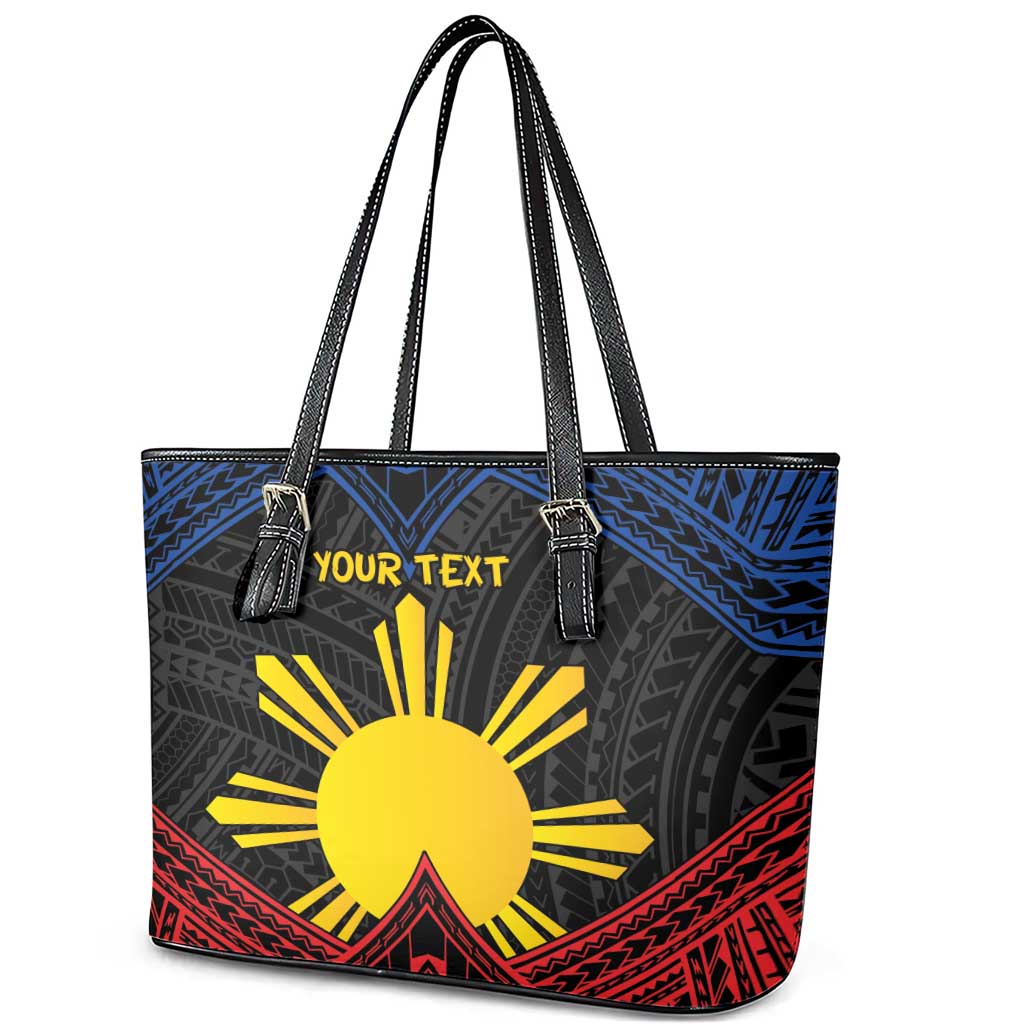 Personalized Philippines Leather Tote Bag Polynesian Tribal Tattoo with Filipino Flag Motif