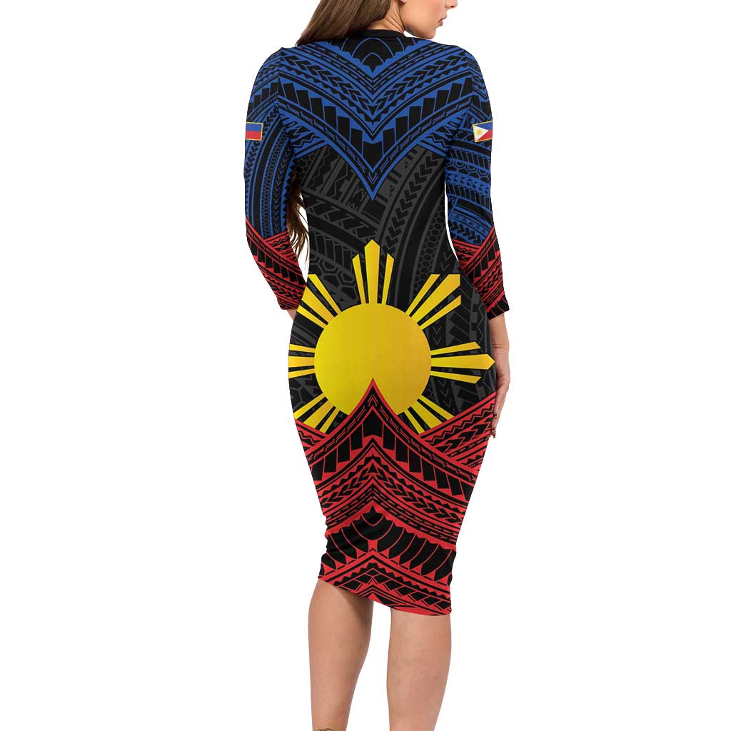 Personalized Philippines Long Sleeve Bodycon Dress Polynesian Tribal Tattoo with Filipino Flag Motif
