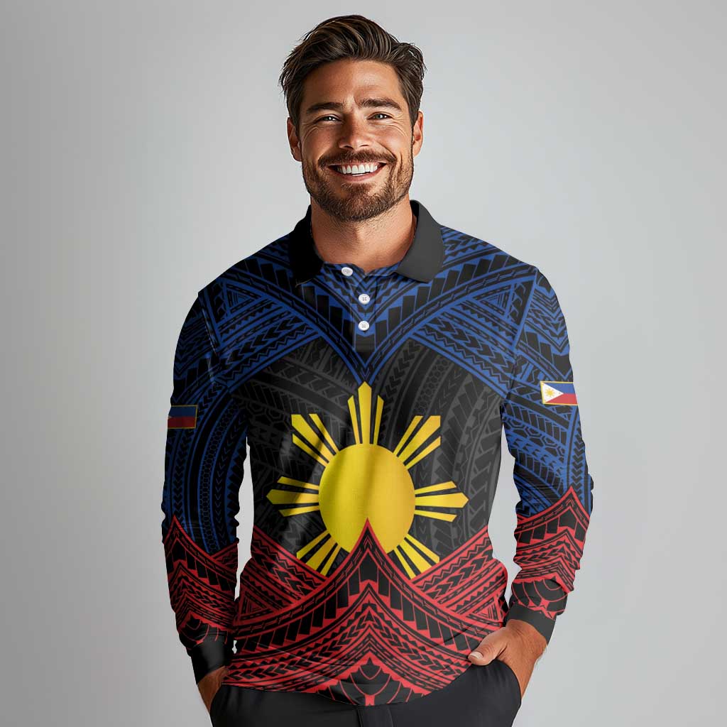 Personalized Philippines Long Sleeve Polo Shirt Polynesian Tribal Tattoo with Filipino Flag Motif