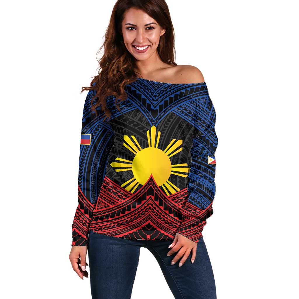 Personalized Philippines Off Shoulder Sweater Polynesian Tribal Tattoo with Filipino Flag Motif