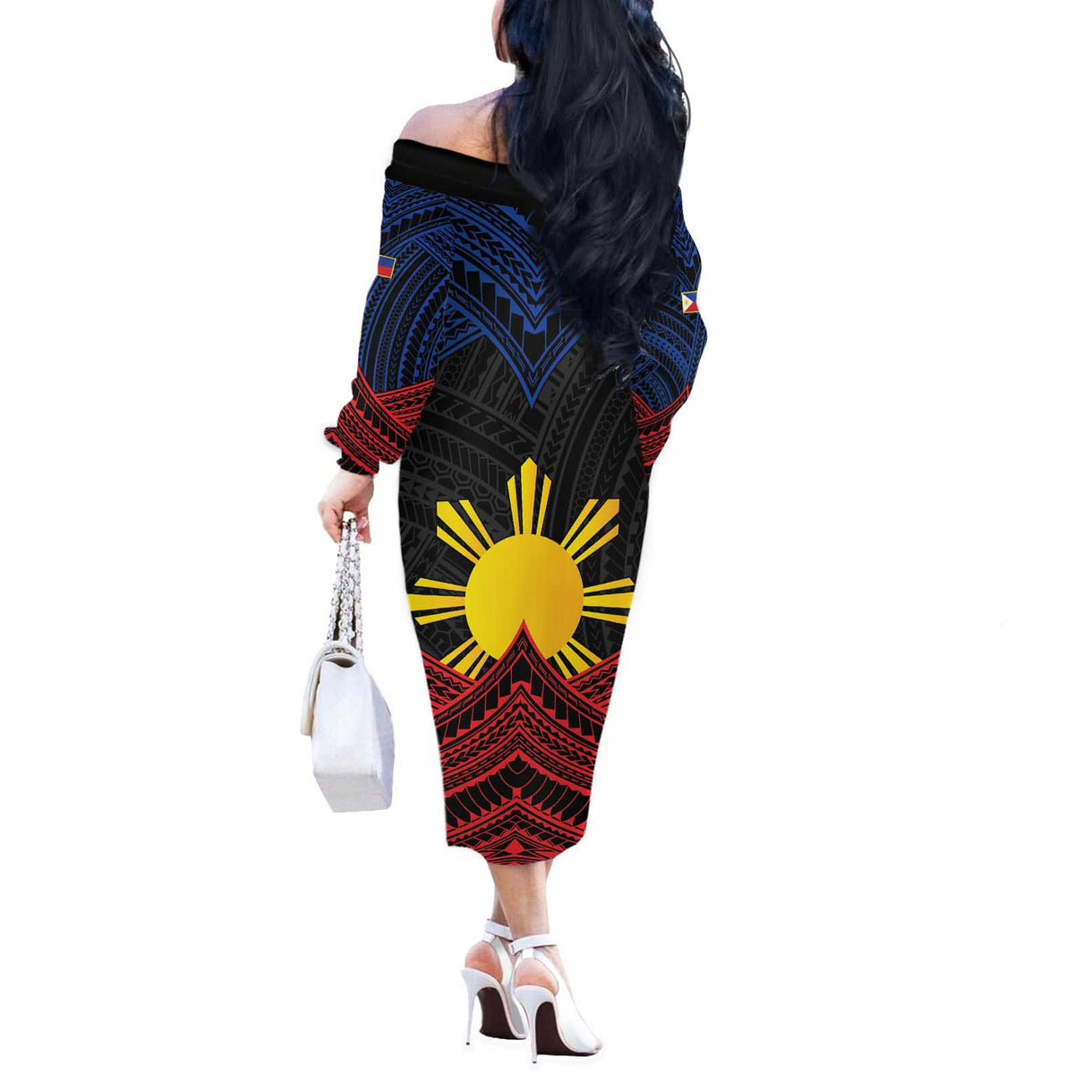 Personalized Philippines Off The Shoulder Long Sleeve Dress Polynesian Tribal Tattoo with Filipino Flag Motif