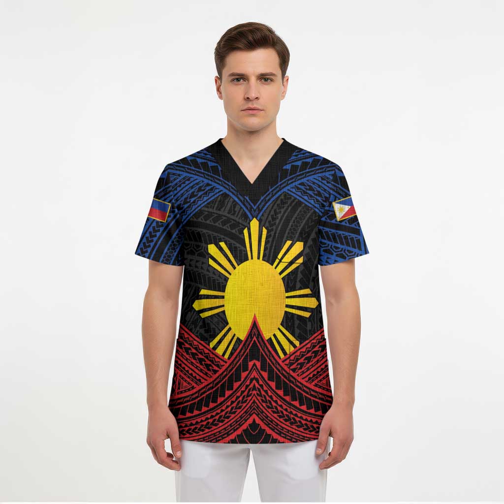 Personalized Philippines Scrub Top Polynesian Tribal Tattoo with Filipino Flag Motif - Polynesian Pride