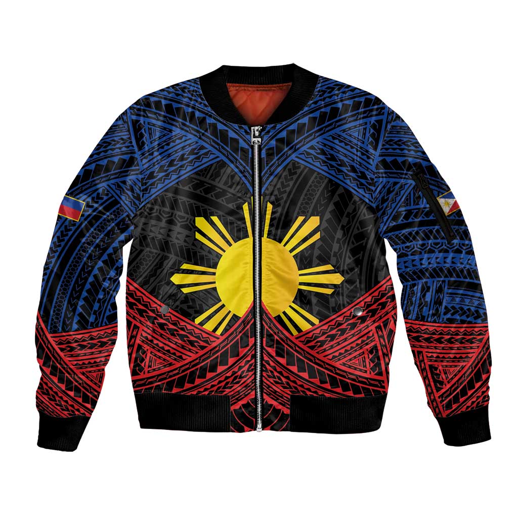 Personalized Philippines Sleeve Zip Bomber Jacket Polynesian Tribal Tattoo with Filipino Flag Motif