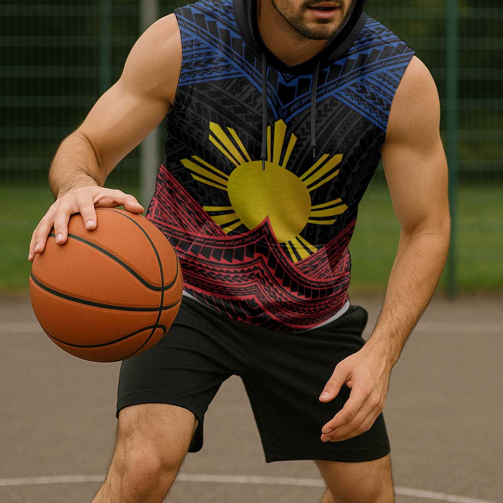 Personalized Philippines Sleeveless Hoodie Polynesian Tribal Tattoo with Filipino Flag Motif - Polynesian Pride