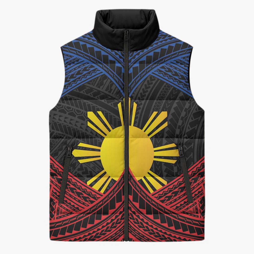 Personalized Philippines Sleeveless Puffer Jacket Polynesian Tribal Tattoo with Filipino Flag Motif - Polynesian Pride