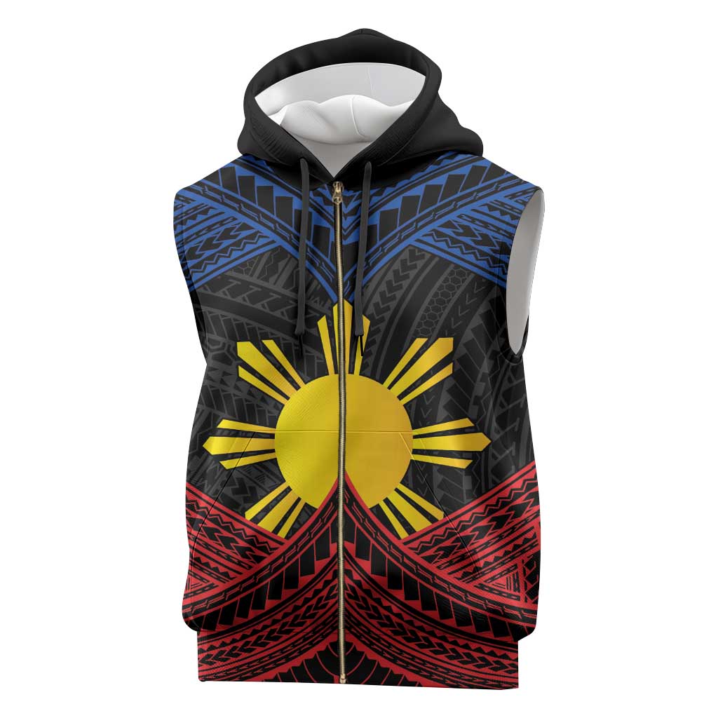 Personalized Philippines Sleeveless Zip Hoodie Polynesian Tribal Tattoo with Filipino Flag Motif - Polynesian Pride