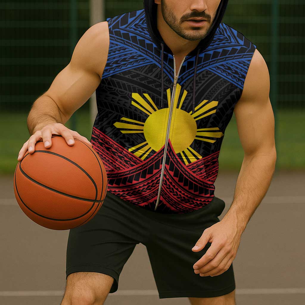 Personalized Philippines Sleeveless Zip Hoodie Polynesian Tribal Tattoo with Filipino Flag Motif - Polynesian Pride