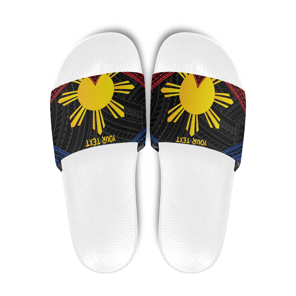Personalized Philippines Slide Sandals Polynesian Tribal Tattoo with Filipino Flag Motif - Polynesian Pride