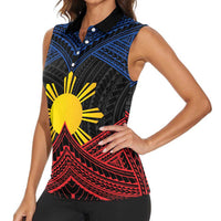 Personalized Philippines Women Sleeveless Polo Shirt Polynesian Tribal Tattoo with Filipino Flag Motif