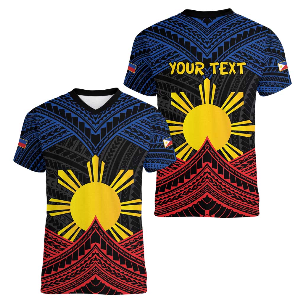 Personalized Philippines Women V-Neck T-Shirt Polynesian Tribal Tattoo with Filipino Flag Motif