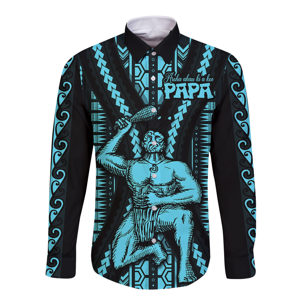 Aotearoa Father's Day Gift For Dad Long Sleeve Button Shirt Aroha Ahau Ki A Koe Papa - Aqua Maori Style Pattern LT9 Unisex Aqua - Polynesian Pride