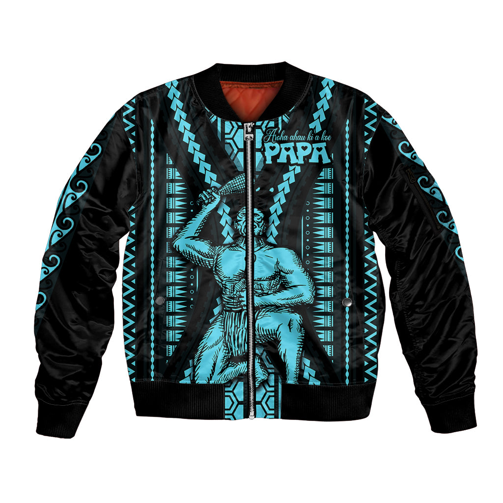 Aotearoa Father's Day Gift For Dad Sleeve Zip Bomber Jacket Aroha Ahau Ki A Koe Papa - Aqua Maori Style Pattern LT9 Unisex Aqua - Polynesian Pride
