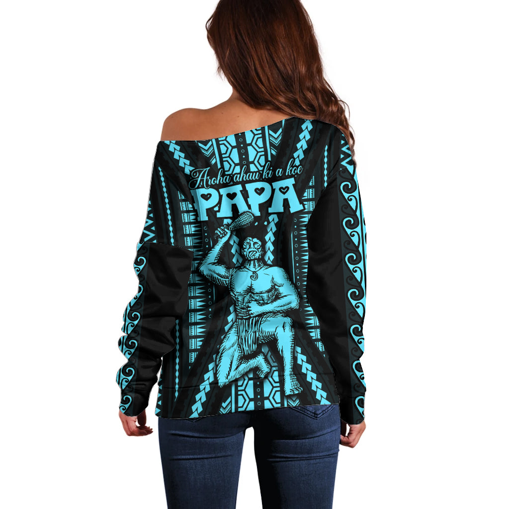 Personalised Aotearoa Father's Day Gift For Dad Off Shoulder Sweater Aroha Ahau Ki A Koe Papa - Aqua Maori Style Pattern LT9 - Polynesian Pride