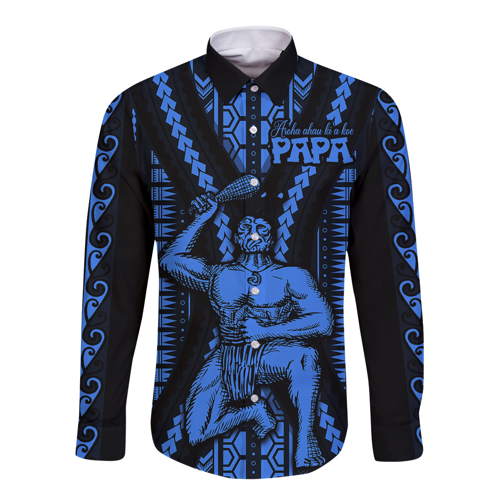 Aotearoa Father's Day Gift For Dad Long Sleeve Button Shirt Aroha Ahau Ki A Koe Papa - Blue Maori Style Pattern LT9 Unisex Blue - Polynesian Pride