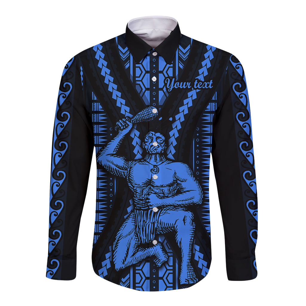 Personalised Aotearoa Father's Day Gift For Dad Long Sleeve Button Shirt Aroha Ahau Ki A Koe Papa - Blue Maori Style Pattern LT9 Unisex Blue - Polynesian Pride