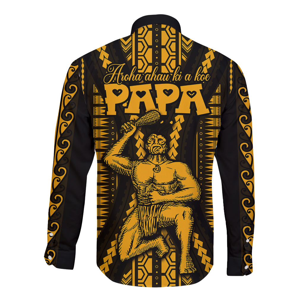 Aotearoa Father's Day Gift For Dad Long Sleeve Button Shirt Aroha Ahau Ki A Koe Papa - Gold Maori Style Pattern LT9 - Polynesian Pride
