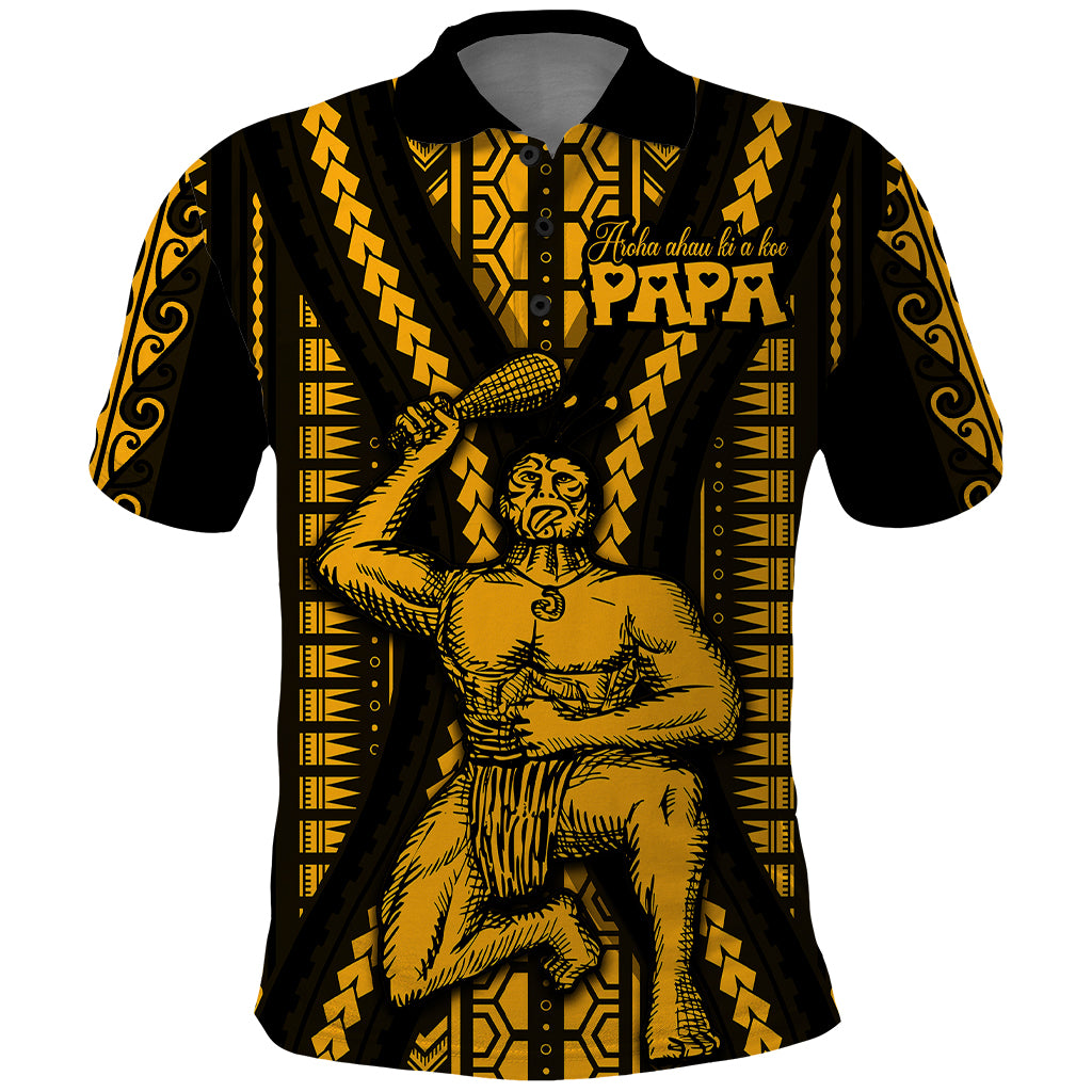 Aotearoa Fathers Day Gift For Dad Polo Shirt Aroha Ahau Ki A Koe Papa Gold Maori Style Pattern LT9 Gold - Polynesian Pride