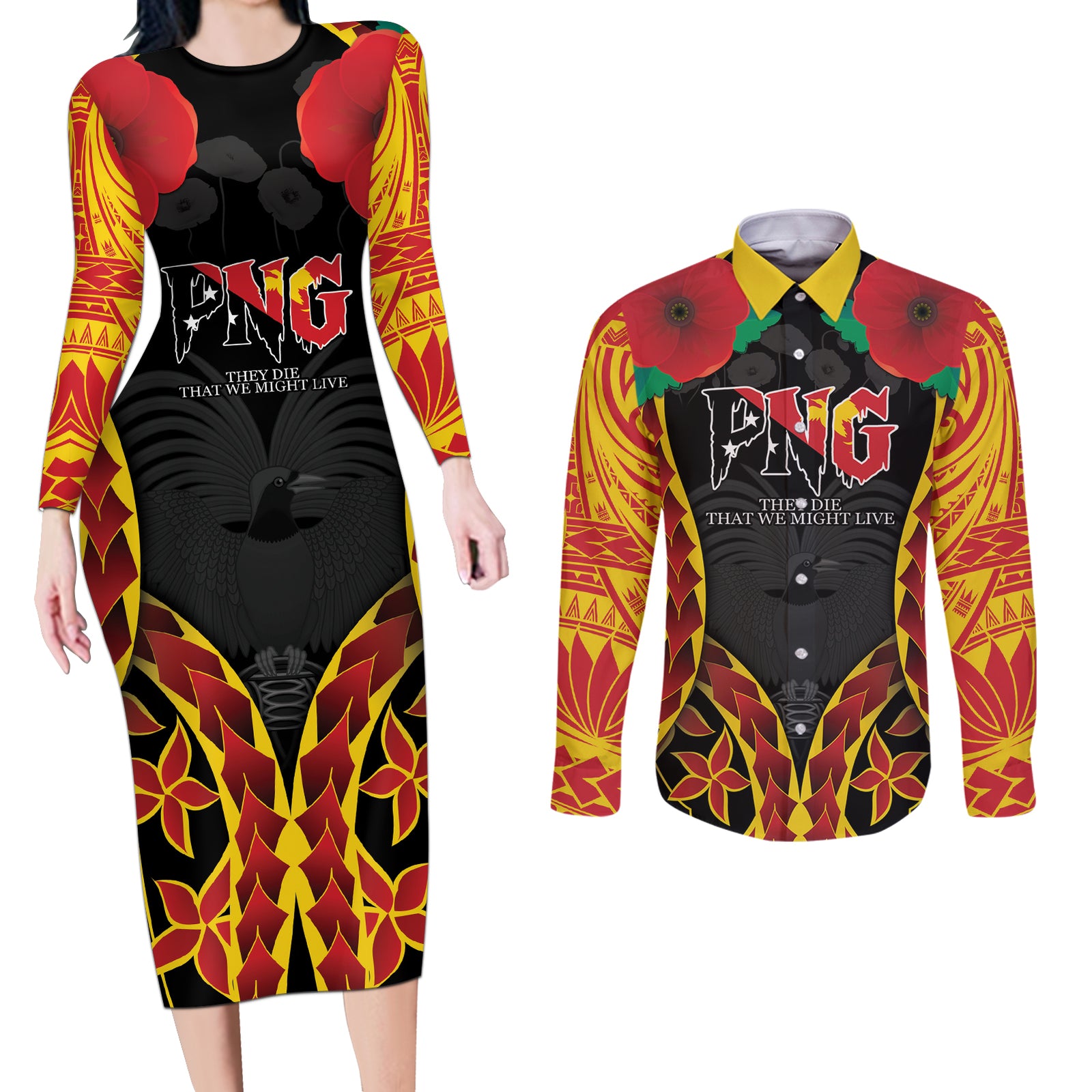 Personalised Papua New Guinea Remembrance Day Couples Matching Long Sleeve Bodycon Dress and Long Sleeve Button Shirt