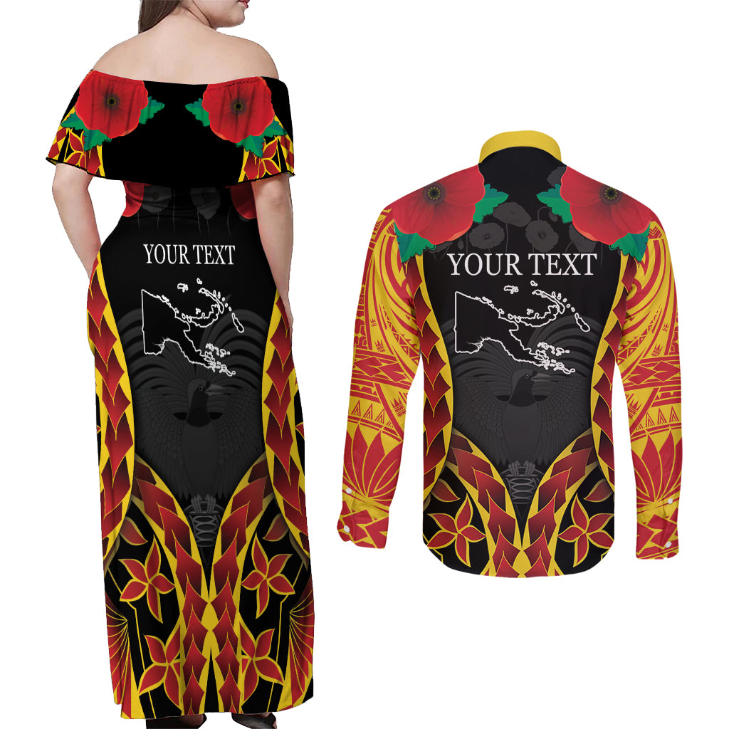 Personalised Papua New Guinea Remembrance Day Couples Matching Off Shoulder Maxi Dress and Long Sleeve Button Shirt