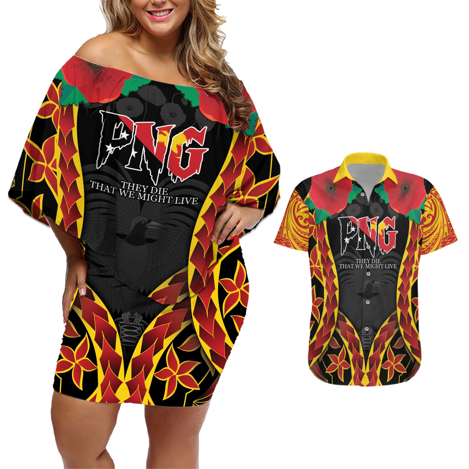Personalised Papua New Guinea Remembrance Day Couples Matching Off Shoulder Short Dress and Hawaiian Shirt