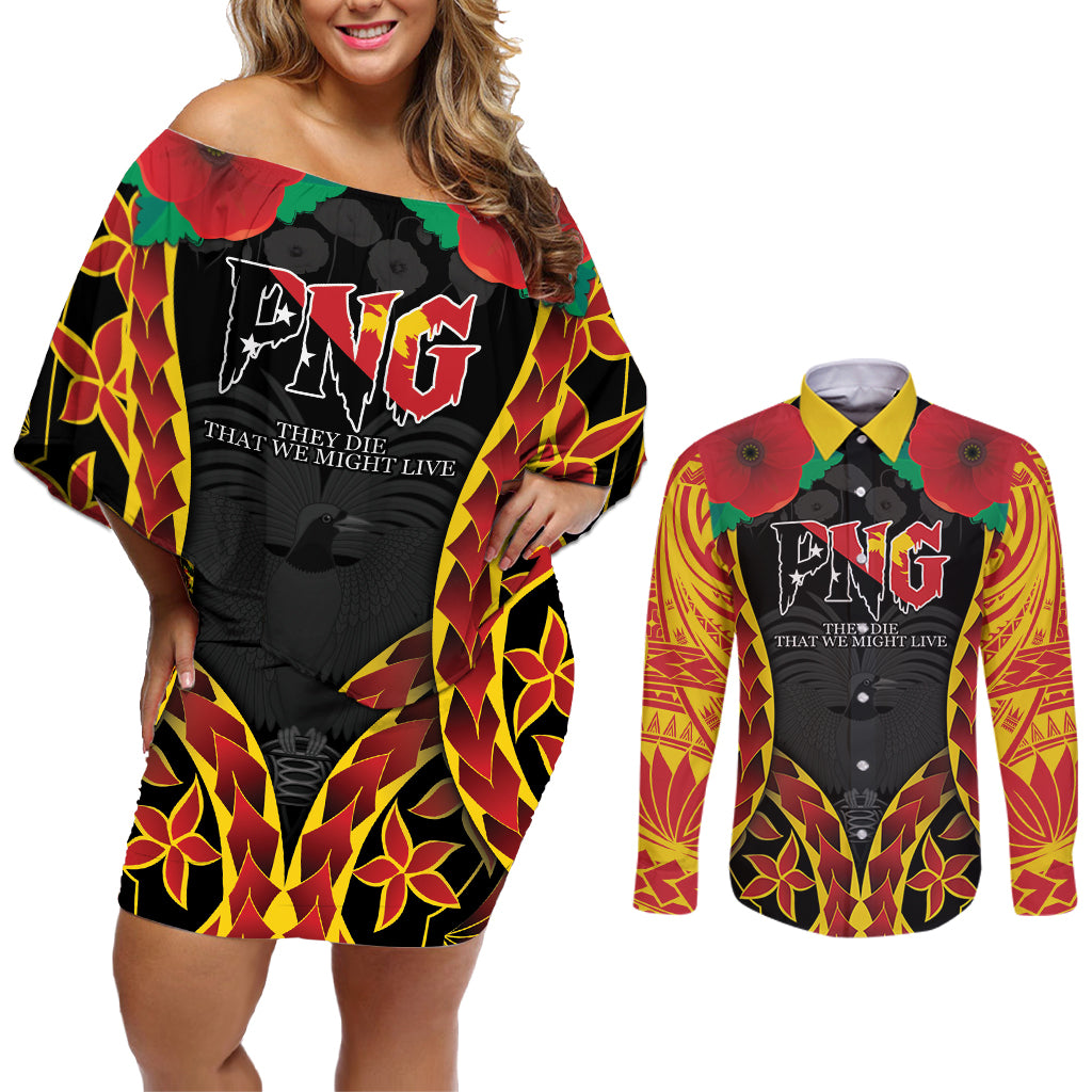 Personalised Papua New Guinea Remembrance Day Couples Matching Off Shoulder Short Dress and Long Sleeve Button Shirt