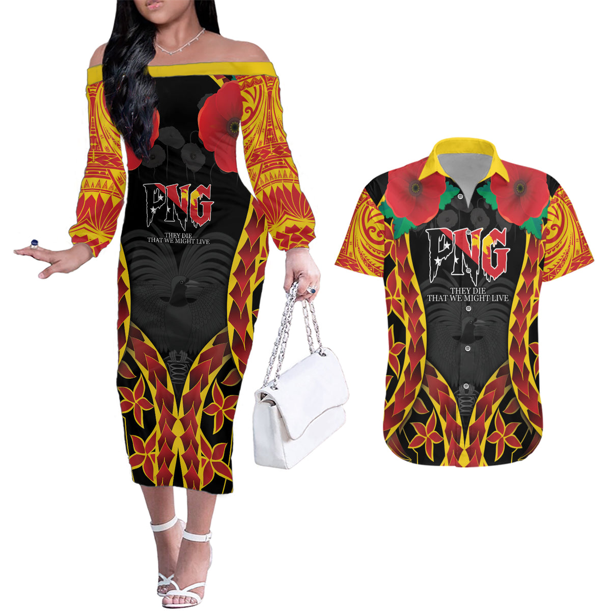 Personalised Papua New Guinea Remembrance Day Couples Matching Off The Shoulder Long Sleeve Dress and Hawaiian Shirt