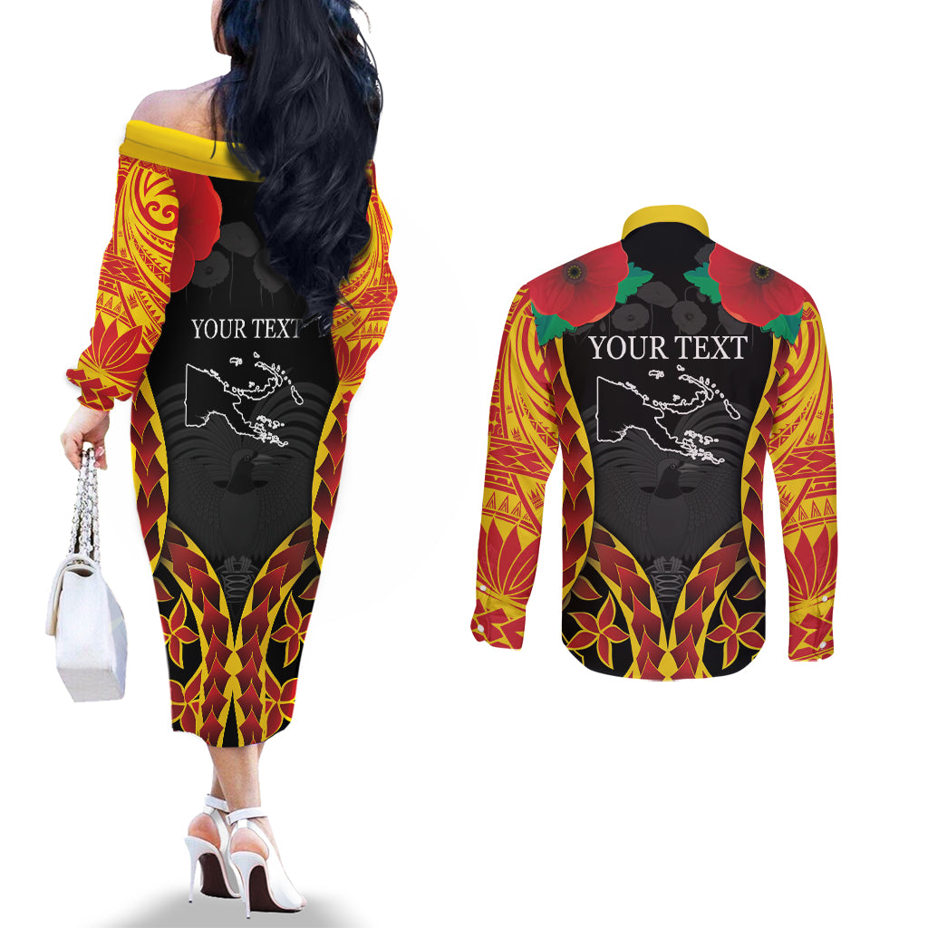 Personalised Papua New Guinea Remembrance Day Couples Matching Off The Shoulder Long Sleeve Dress and Long Sleeve Button Shirt