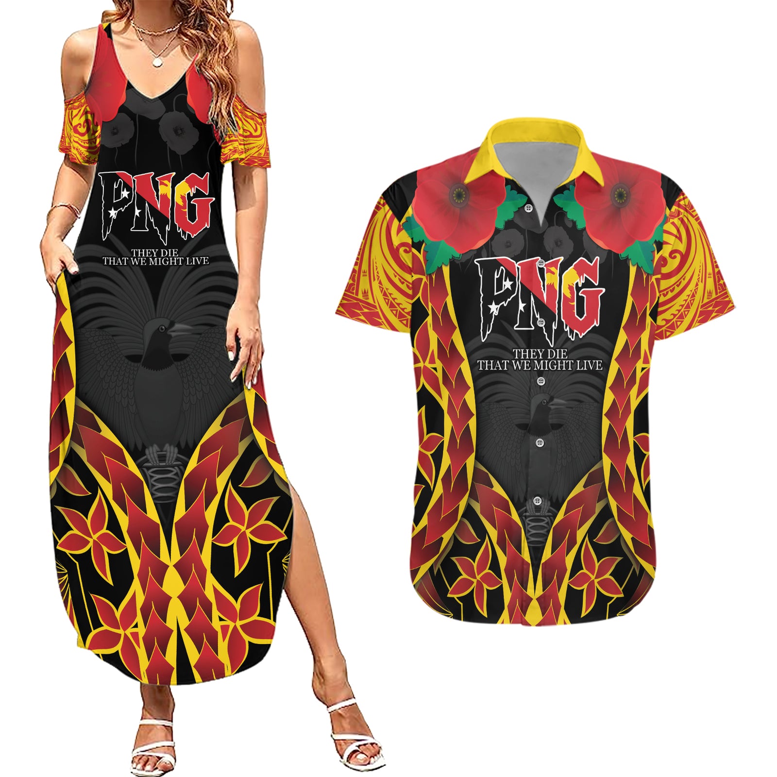 Personalised Papua New Guinea Remembrance Day Couples Matching Summer Maxi Dress and Hawaiian Shirt