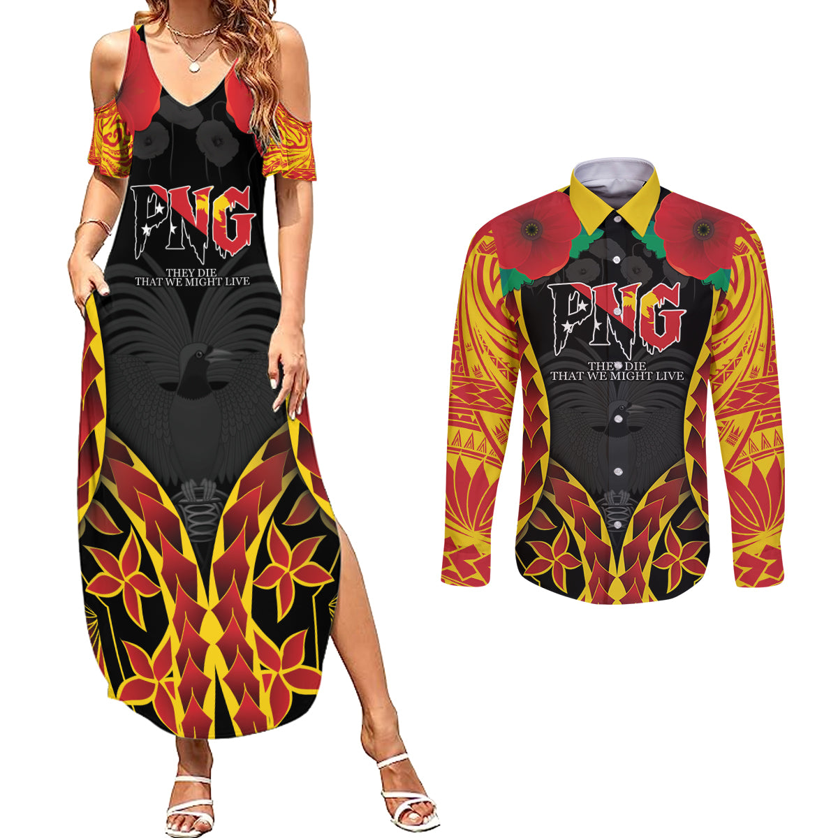 Personalised Papua New Guinea Remembrance Day Couples Matching Summer Maxi Dress and Long Sleeve Button Shirt