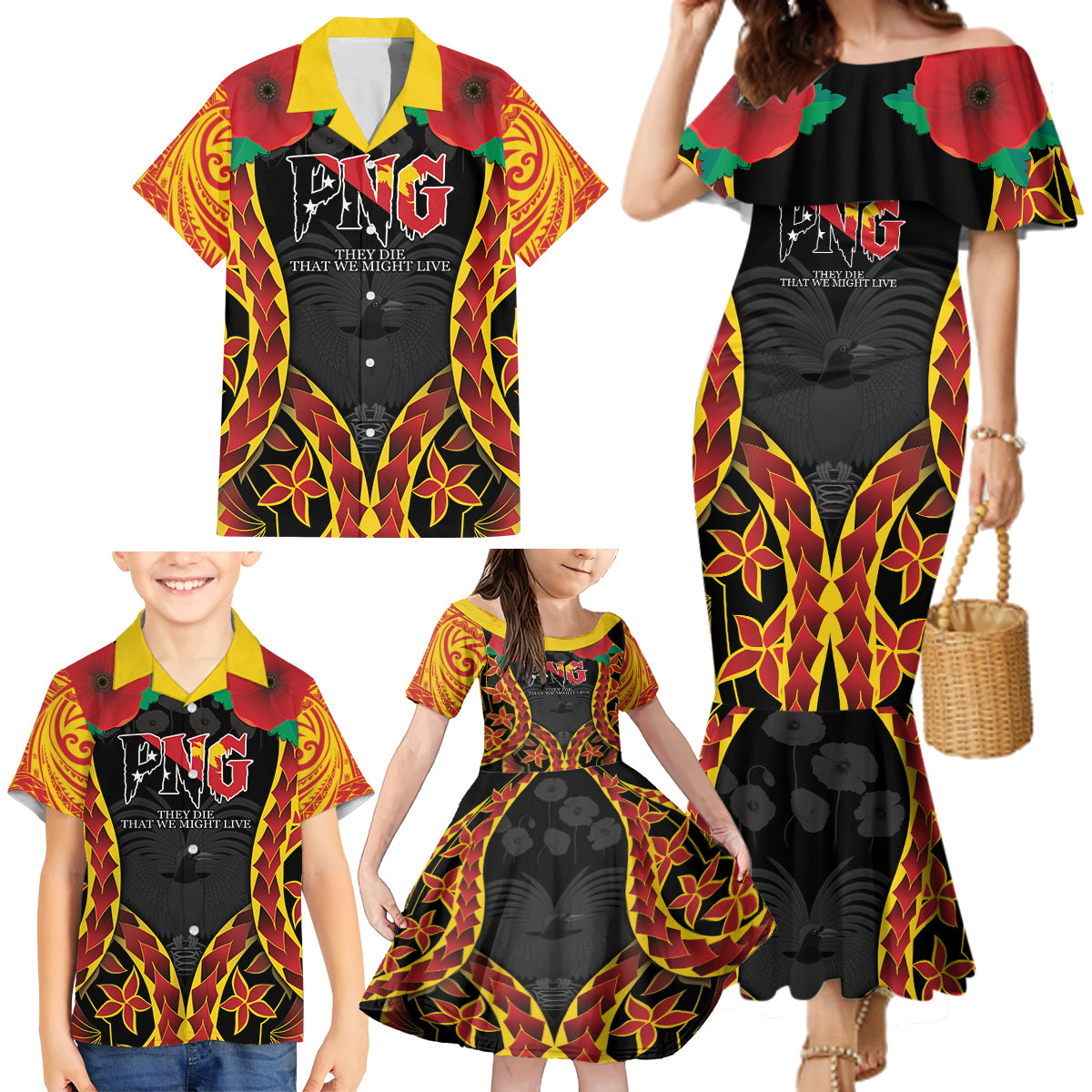 Personalised Papua New Guinea Remembrance Day Family Matching Mermaid Dress and Hawaiian Shirt