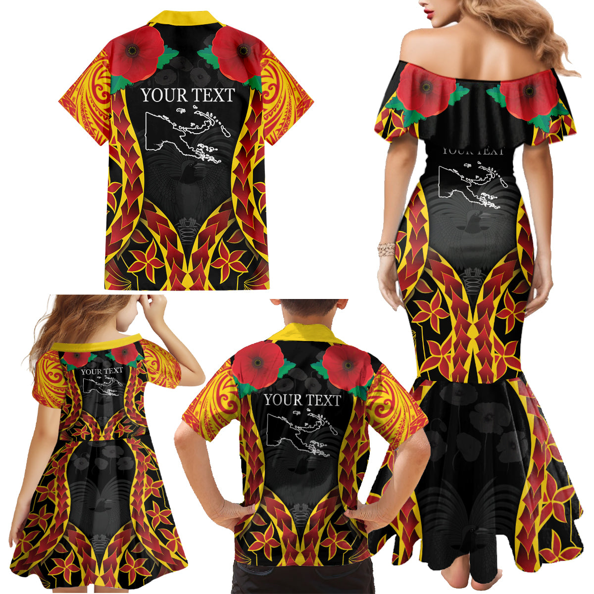 Personalised Papua New Guinea Remembrance Day Family Matching Mermaid Dress and Hawaiian Shirt