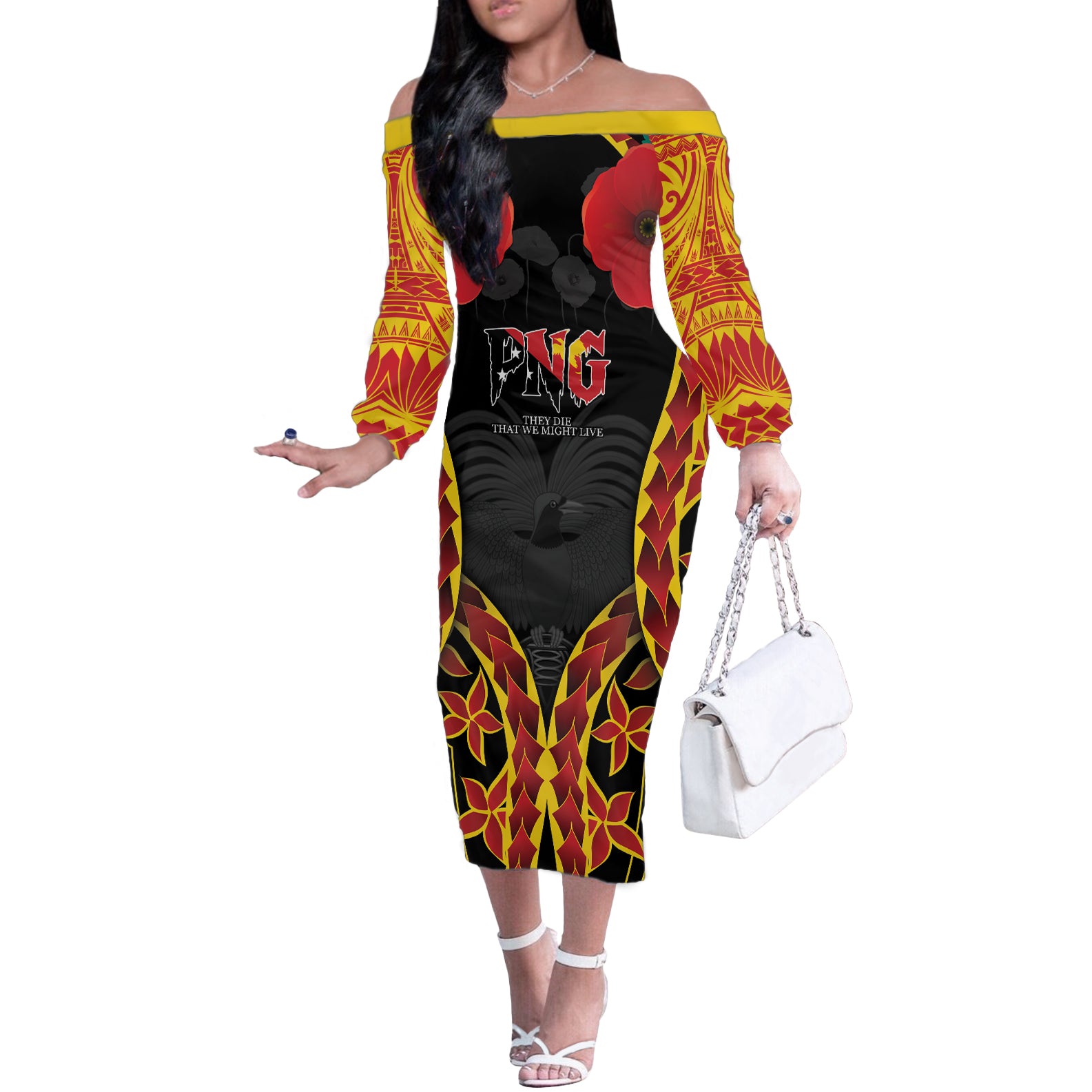 Personalised Papua New Guinea Remembrance Day Off The Shoulder Long Sleeve Dress