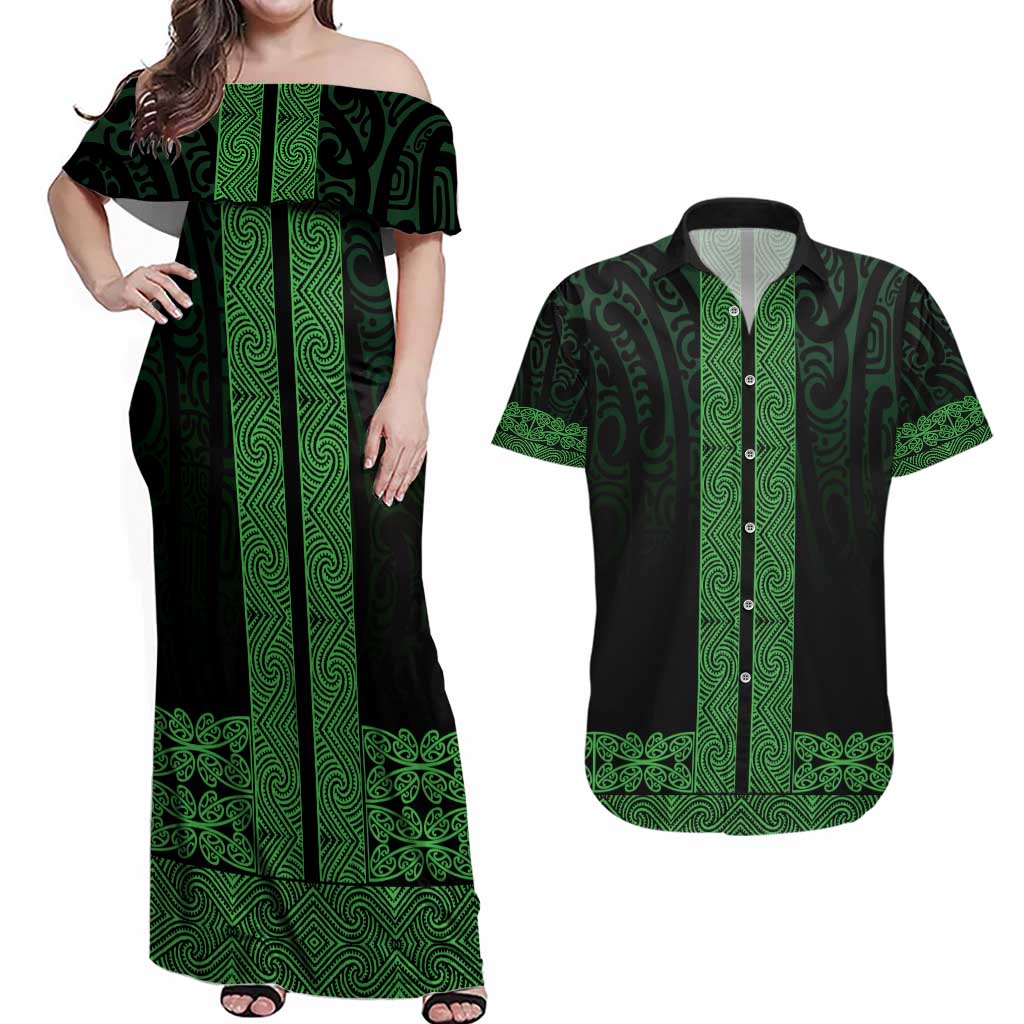 New Zealand Maori Kowhaiwhai Couples Matching Off Shoulder Maxi Dress and Hawaiian Shirt Kakariki Maui and Mangopare