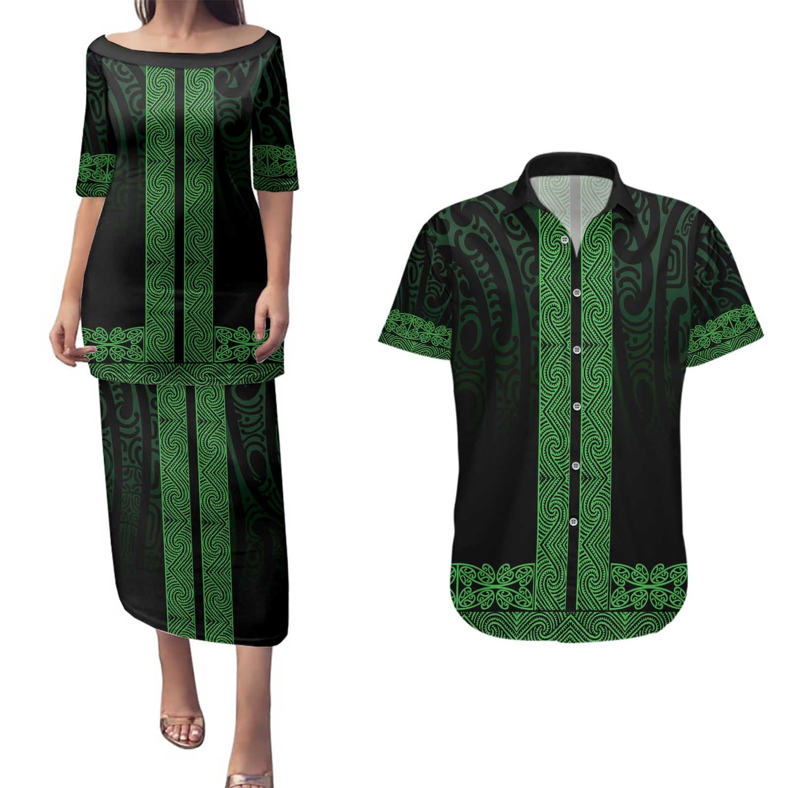 New Zealand Maori Kowhaiwhai Couples Matching Puletasi and Hawaiian Shirt Kakariki Maui and Mangopare LT9 Green - Polynesian Pride
