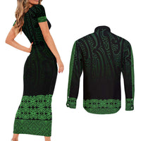 New Zealand Maori Kowhaiwhai Couples Matching Short Sleeve Bodycon Dress and Long Sleeve Button Shirt Kakariki Maui and Mangopare LT9 - Polynesian Pride