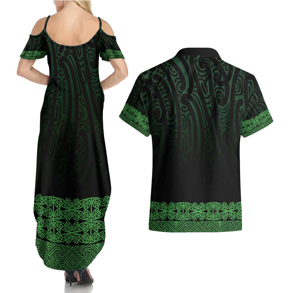 New Zealand Maori Kowhaiwhai Couples Matching Summer Maxi Dress and Hawaiian Shirt Kakariki Maui and Mangopare