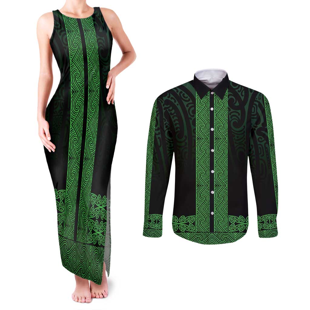 New Zealand Maori Kowhaiwhai Couples Matching Tank Maxi Dress and Long Sleeve Button Shirt Kakariki Maui and Mangopare LT9 Green - Polynesian Pride