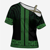 New Zealand Maori Kowhaiwhai Cross Shoulder Shirt Kakariki Maui and Mangopare - Polynesian Pride