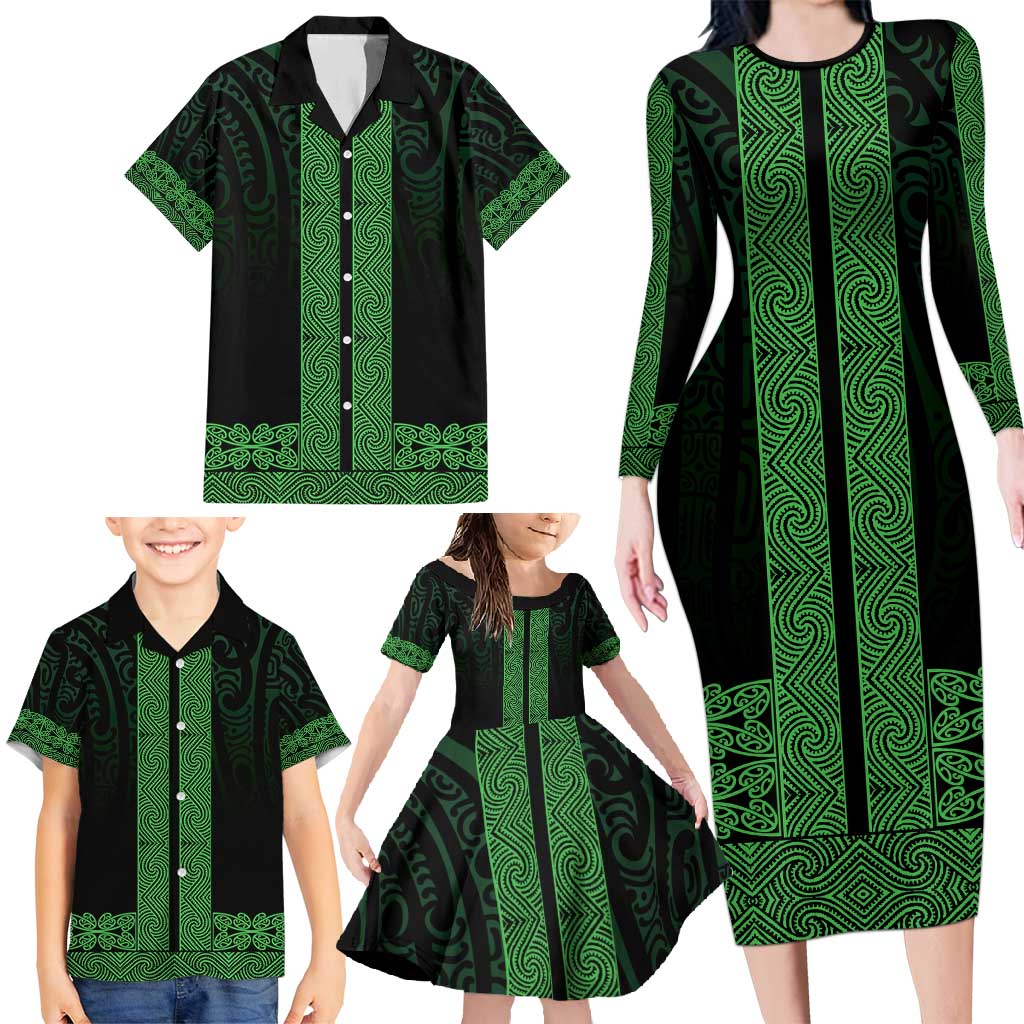 New Zealand Maori Kowhaiwhai Family Matching Long Sleeve Bodycon Dress and Hawaiian Shirt Kakariki Maui and Mangopare