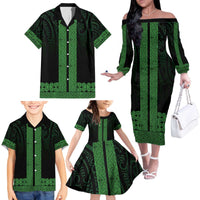 New Zealand Maori Kowhaiwhai Family Matching Off The Shoulder Long Sleeve Dress and Hawaiian Shirt Kakariki Maui and Mangopare