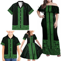 New Zealand Maori Kowhaiwhai Family Matching Off Shoulder Maxi Dress and Hawaiian Shirt Kakariki Maui and Mangopare
