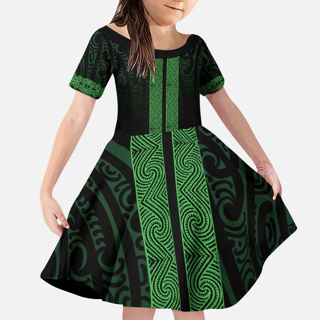 New Zealand Maori Kowhaiwhai Family Matching Puletasi and Hawaiian Shirt Kakariki Maui and Mangopare LT9 Daughter's Dress Green - Polynesian Pride
