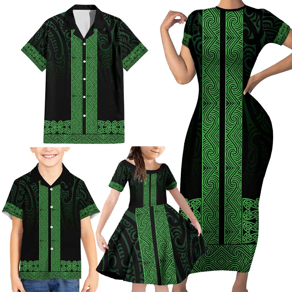 New Zealand Maori Kowhaiwhai Family Matching Short Sleeve Bodycon Dress and Hawaiian Shirt Kakariki Maui and Mangopare