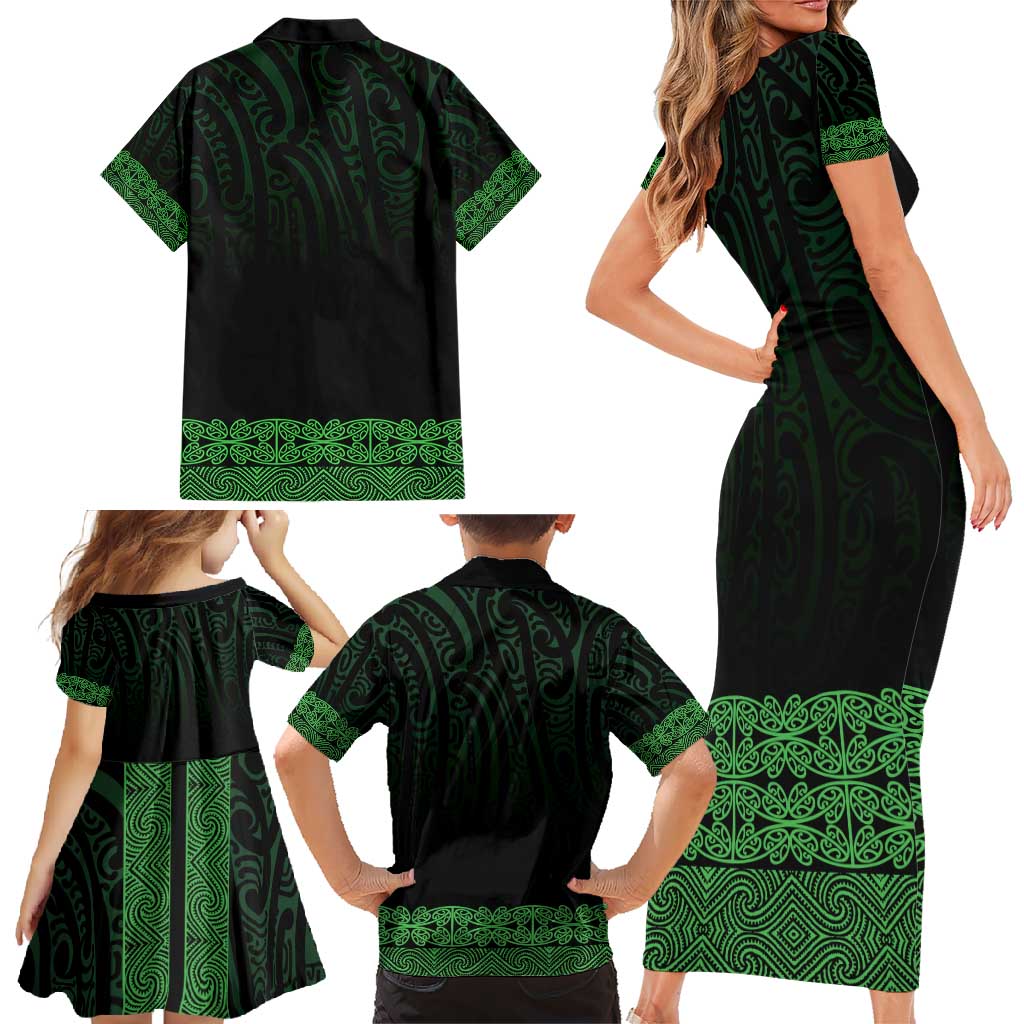 New Zealand Maori Kowhaiwhai Family Matching Short Sleeve Bodycon Dress and Hawaiian Shirt Kakariki Maui and Mangopare