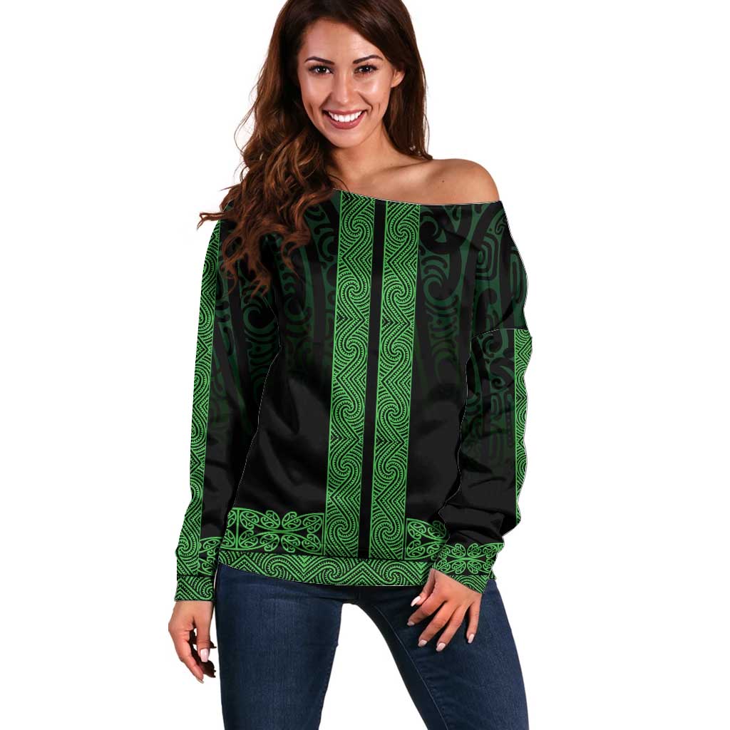 New Zealand Maori Kowhaiwhai Off Shoulder Sweater Kakariki Maui and Mangopare
