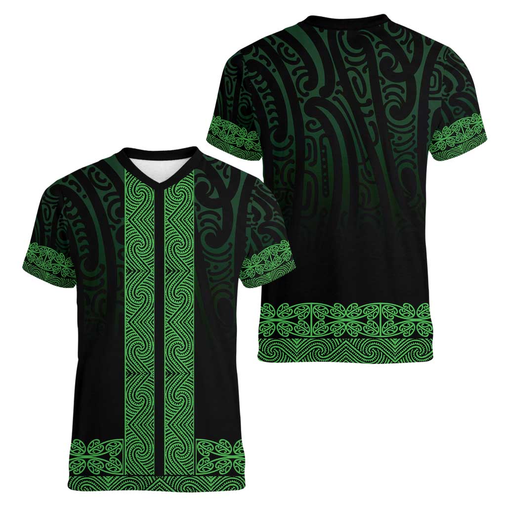 New Zealand Maori Kowhaiwhai Women V-Neck T-Shirt Kakariki Maui and Mangopare LT9 - Polynesian Pride