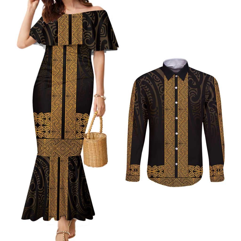 New Zealand Maori Kowhaiwhai Couples Matching Mermaid Dress and Long Sleeve Button Shirt Karaka Maui and Mangopare LT9 Gold - Polynesian Pride