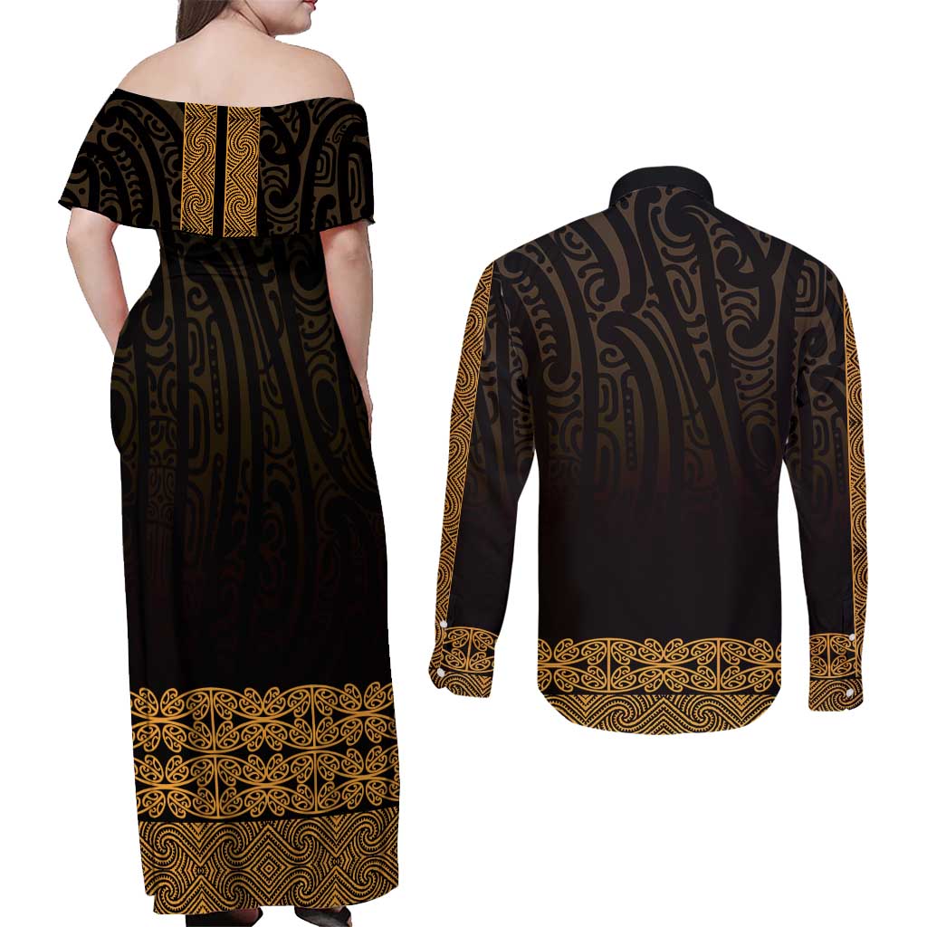 New Zealand Maori Kowhaiwhai Couples Matching Off Shoulder Maxi Dress and Long Sleeve Button Shirt Karaka Maui and Mangopare LT9 - Polynesian Pride
