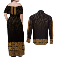New Zealand Maori Kowhaiwhai Couples Matching Off Shoulder Maxi Dress and Long Sleeve Button Shirt Karaka Maui and Mangopare LT9 - Polynesian Pride