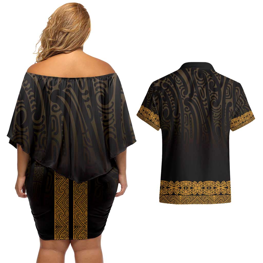 New Zealand Maori Kowhaiwhai Couples Matching Off Shoulder Short Dress and Hawaiian Shirt Karaka Maui and Mangopare